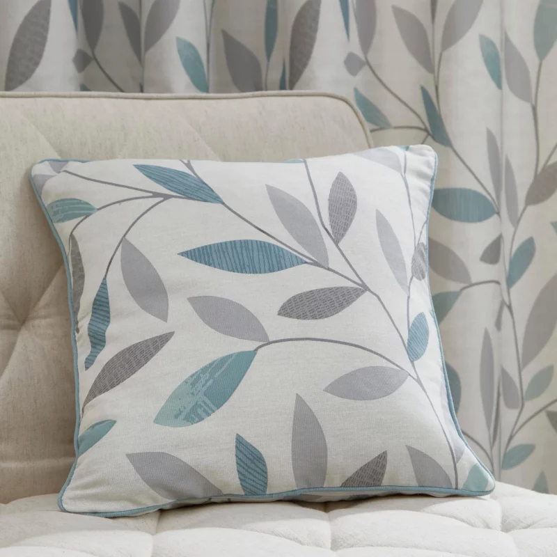 beechwood duck egg blue cushion woodland leaf trail design with blue piped edging