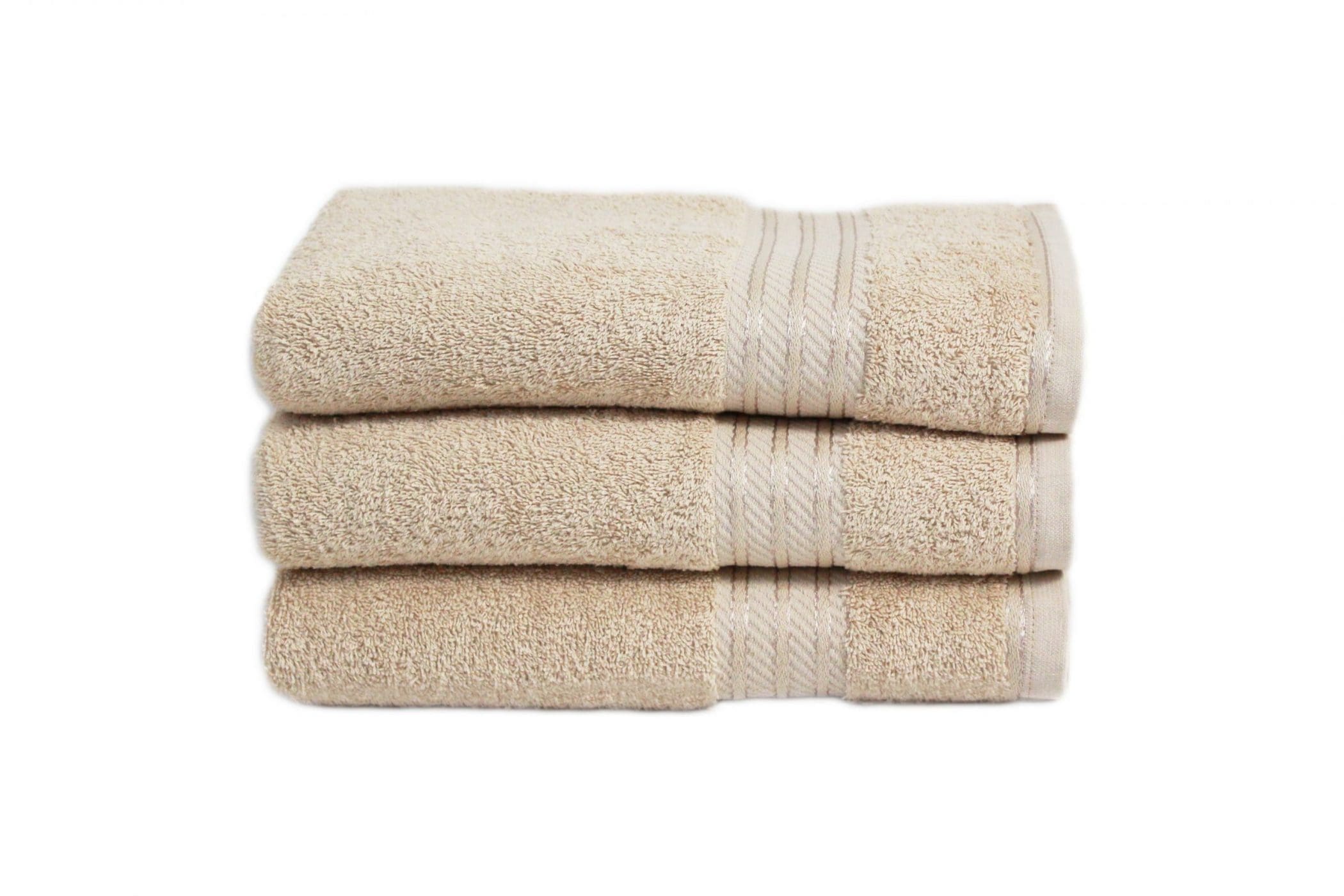 latte bath towels egyptian cotton supreme 500 gsm multi pack plain with sateen striped border. camel tan colour soft and absorbent